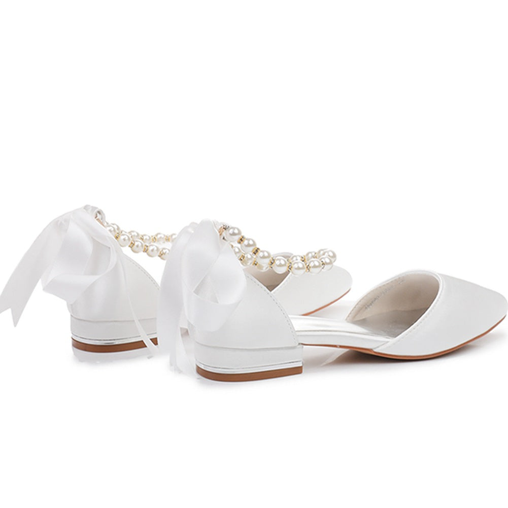 Elegant Pearl Ribbon Tie Satin Flat Heel Pointed Toe Bridal Shoes