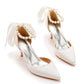 Pointed Toe Satin Pearl Ribbon Ankle Strap High Heels
