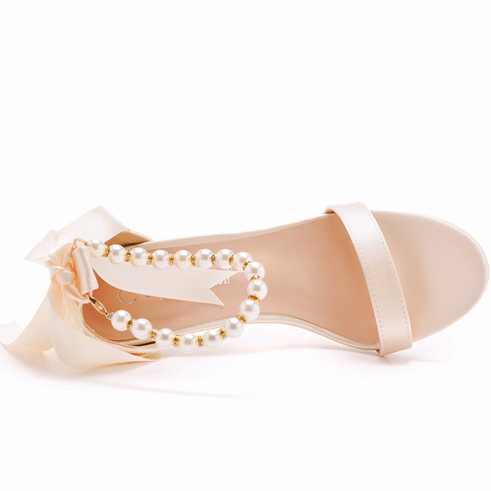 Open Toe Bow & Faux Pearl Satin Ankle Strap Stiletto