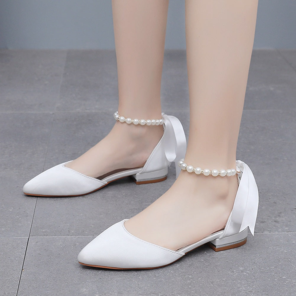 Elegant Pearl Ribbon Tie Satin Flat Heel Pointed Toe Bridal Shoes