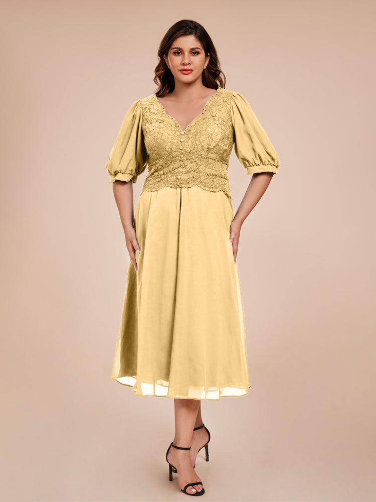 A Line Half Lantern Sleeves V-Neck Lace Top Chiffon Mother of the Bride Dress