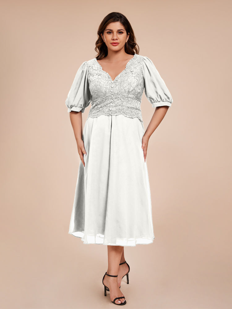 A Line Half Lantern Sleeves V-Neck Lace Top Chiffon Mother of the Bride Dress