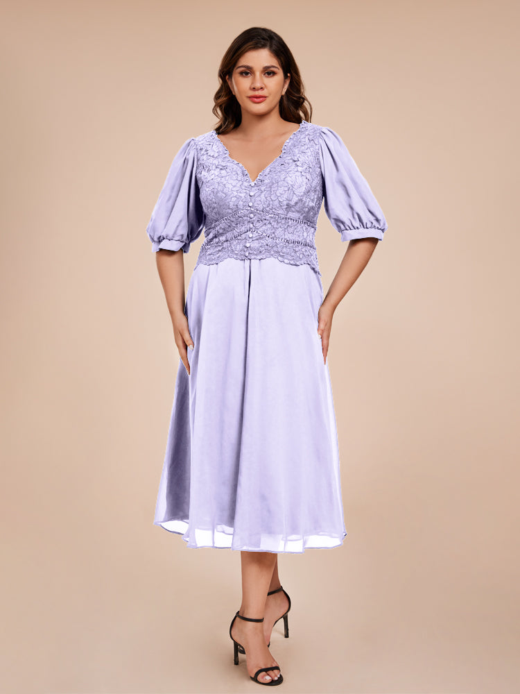 A Line Half Lantern Sleeves V-Neck Lace Top Chiffon Mother of the Bride Dress