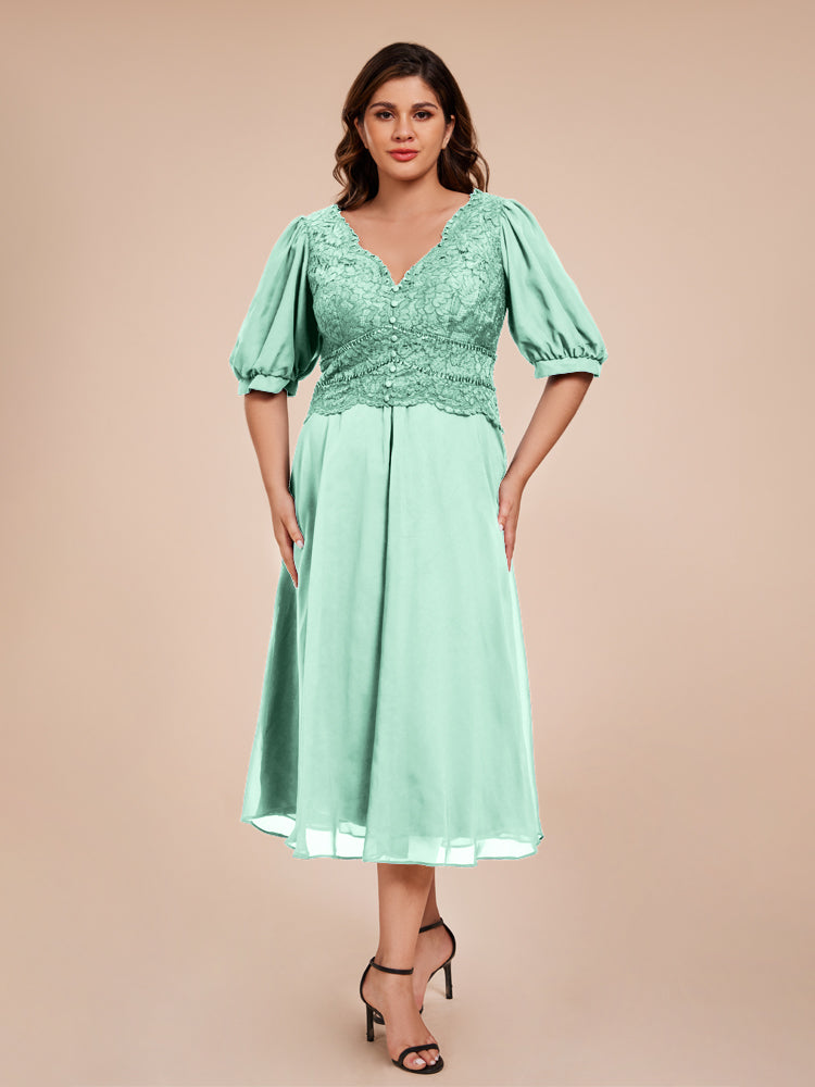 A Line Half Lantern Sleeves V-Neck Lace Top Chiffon Mother of the Bride Dress