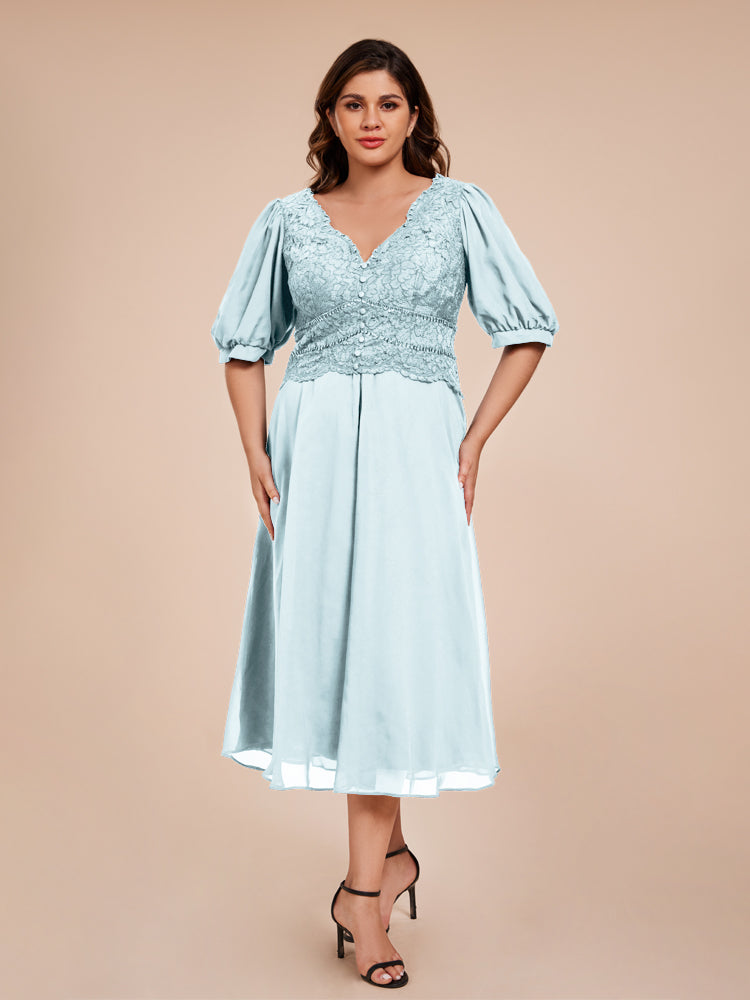 A Line Half Lantern Sleeves V-Neck Lace Top Chiffon Mother of the Bride Dress