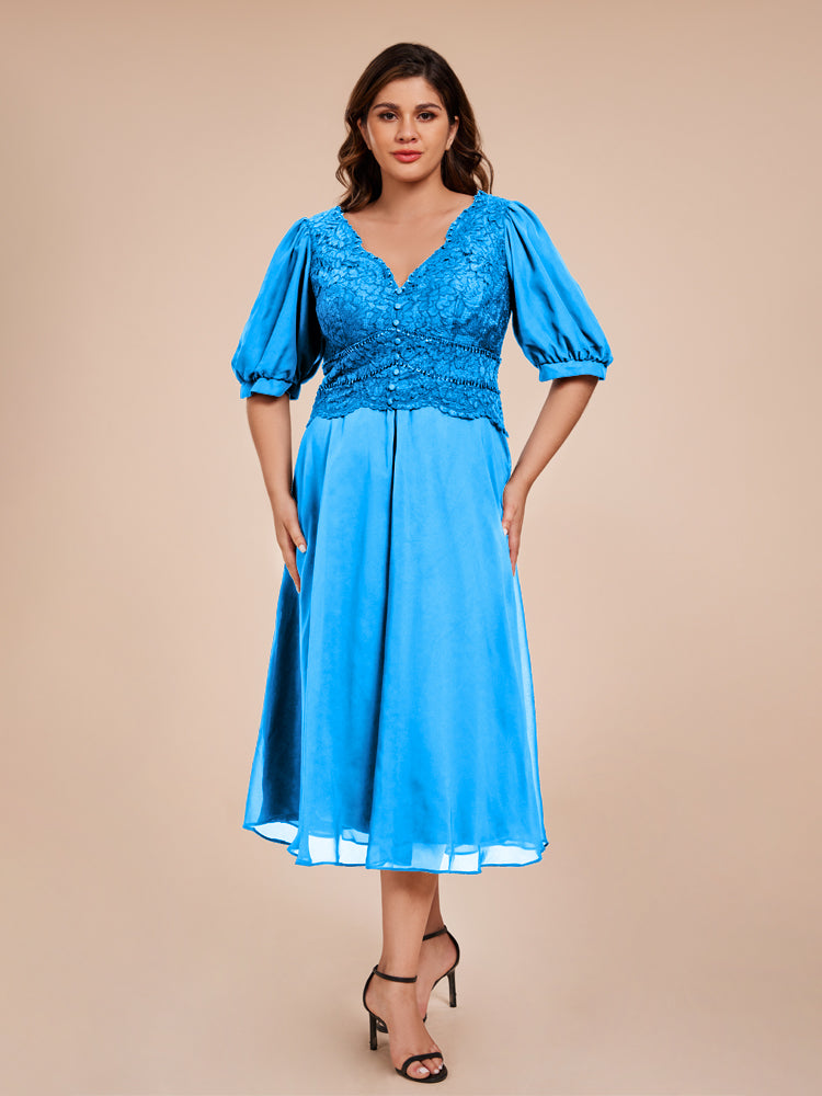 A Line Half Lantern Sleeves V-Neck Lace Top Chiffon Mother of the Bride Dress