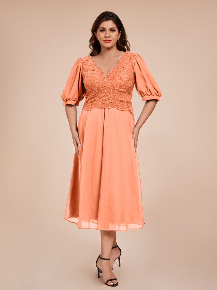 A Line Half Lantern Sleeves V-Neck Lace Top Chiffon Mother of the Bride Dress