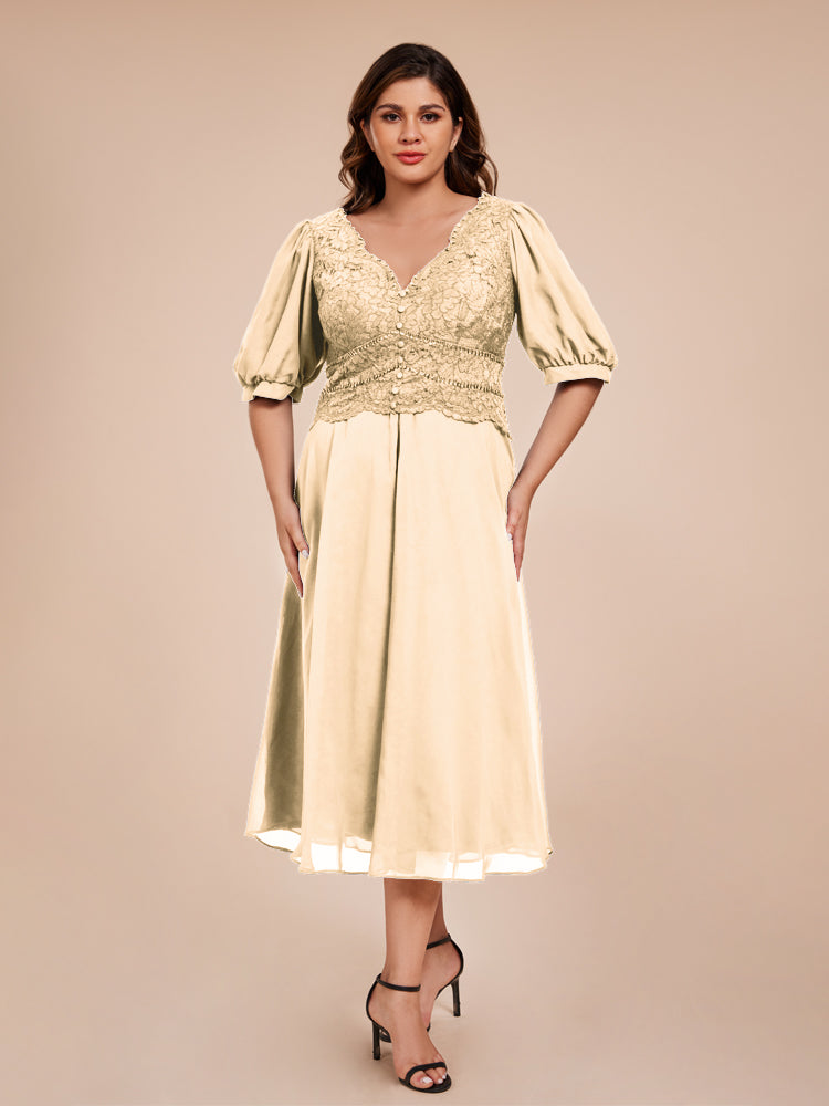 A Line Half Lantern Sleeves V-Neck Lace Top Chiffon Mother of the Bride Dress