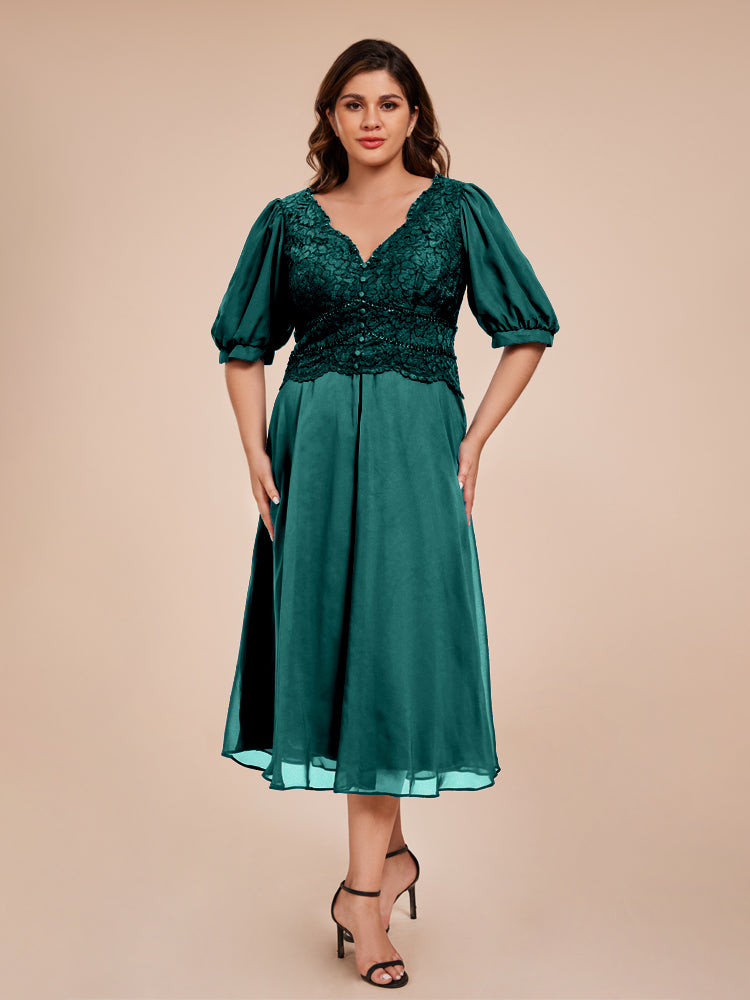 A Line Half Lantern Sleeves V-Neck Lace Top Chiffon Mother of the Bride Dress