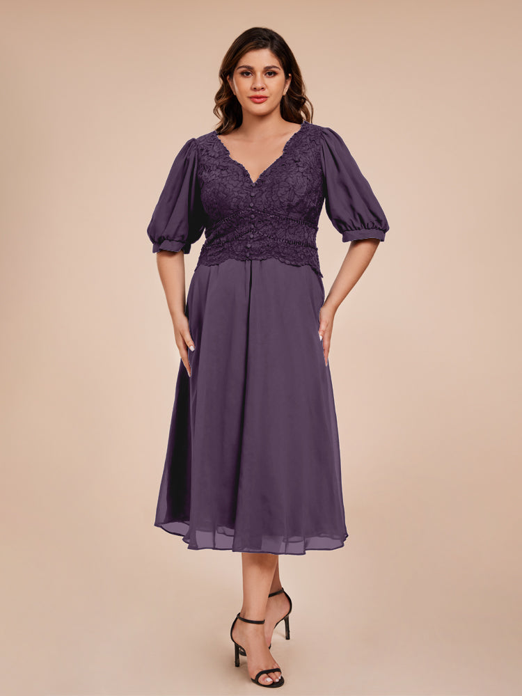 A Line Half Lantern Sleeves V-Neck Lace Top Chiffon Mother of the Bride Dress