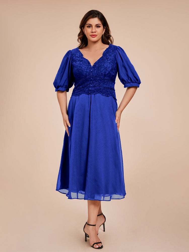 A Line Half Lantern Sleeves V-Neck Lace Top Chiffon Mother of the Bride Dress