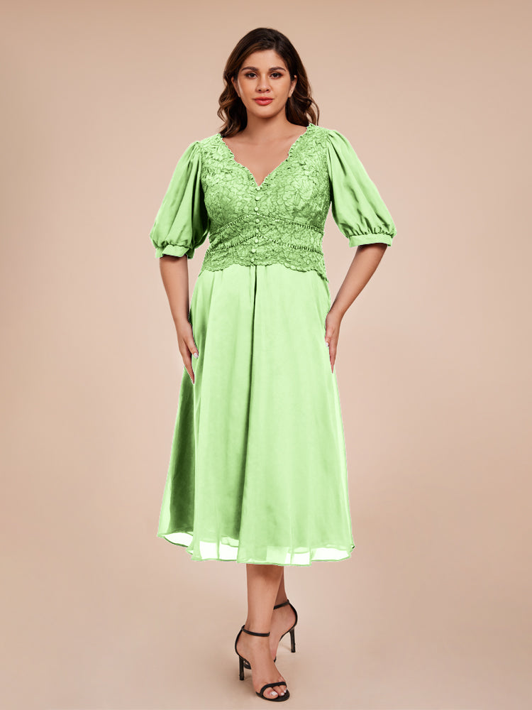 A Line Half Lantern Sleeves V-Neck Lace Top Chiffon Mother of the Bride Dress