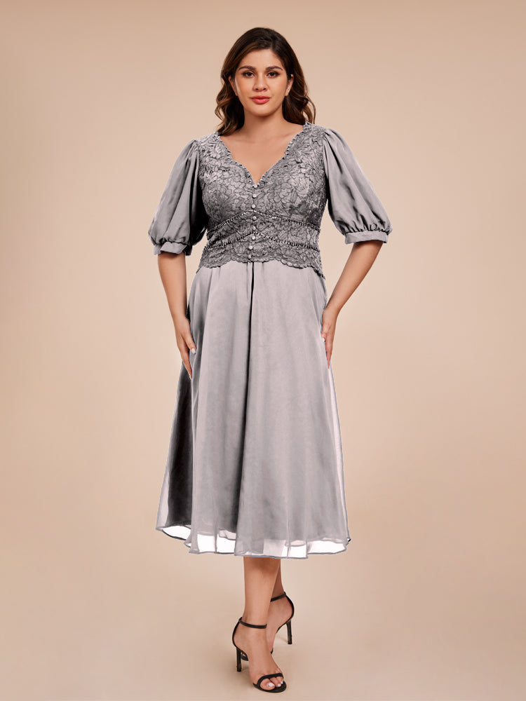 A Line Half Lantern Sleeves V-Neck Lace Top Chiffon Mother of the Bride Dress