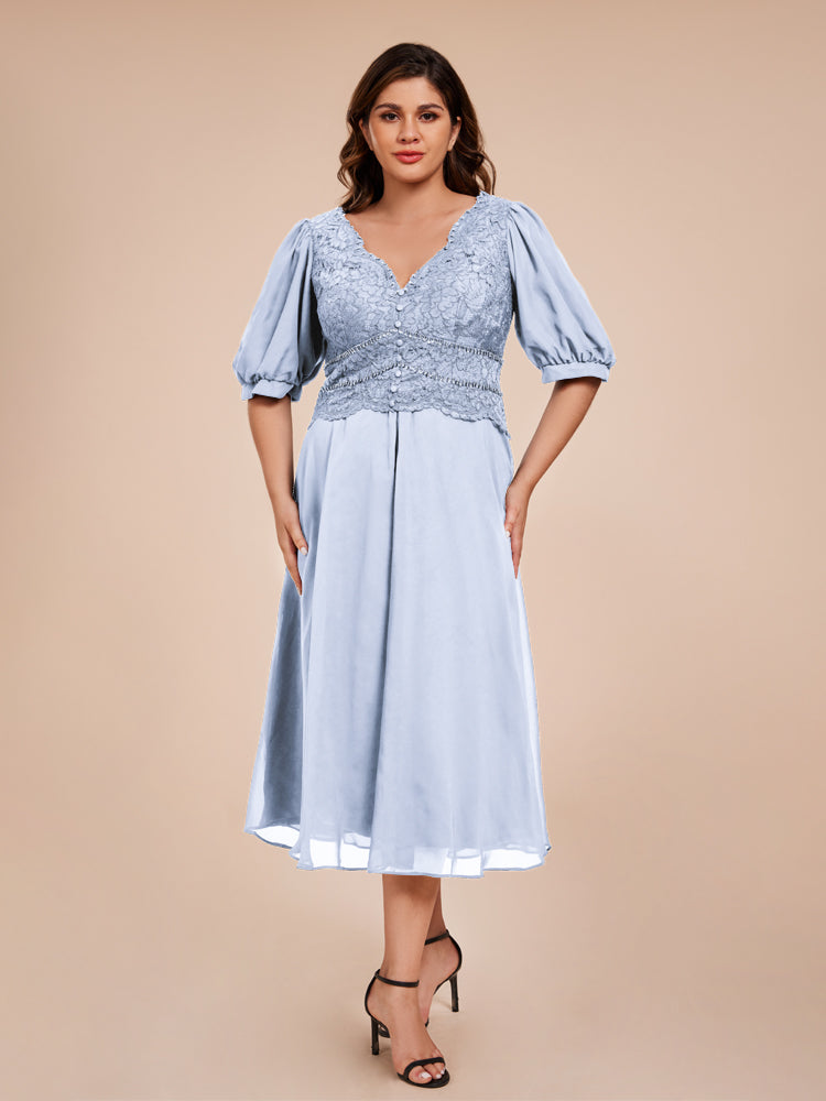 A Line Half Lantern Sleeves V-Neck Lace Top Chiffon Mother of the Bride Dress