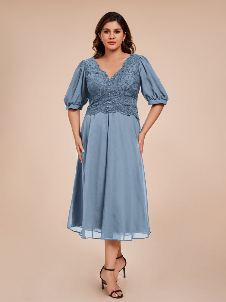 A Line Half Lantern Sleeves V-Neck Lace Top Chiffon Mother of the Bride Dress