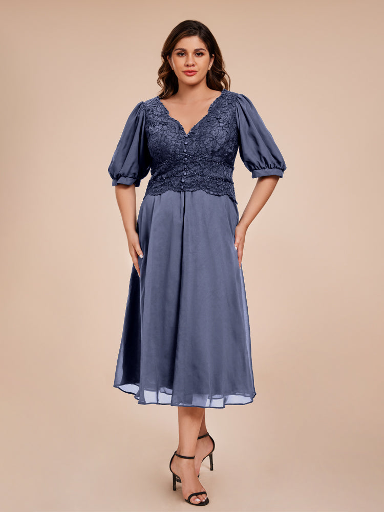 A Line Half Lantern Sleeves V-Neck Lace Top Chiffon Mother of the Bride Dress