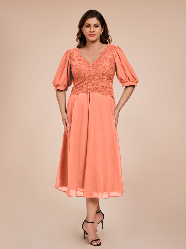 A Line Half Lantern Sleeves V-Neck Lace Top Chiffon Mother of the Bride Dress