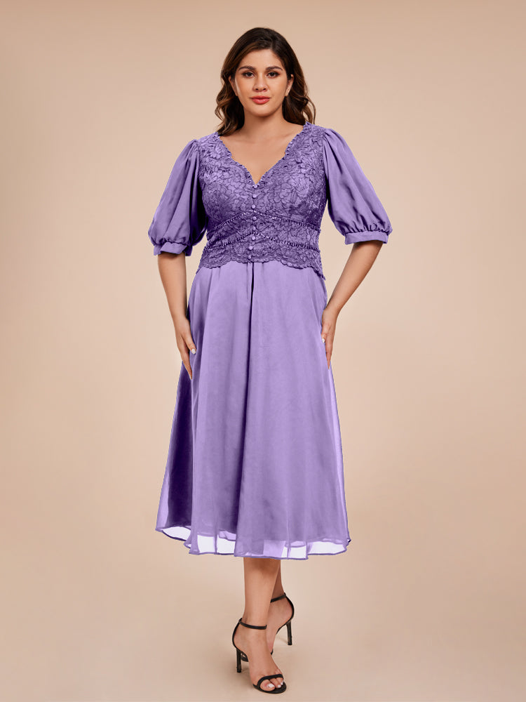 A Line Half Lantern Sleeves V-Neck Lace Top Chiffon Mother of the Bride Dress