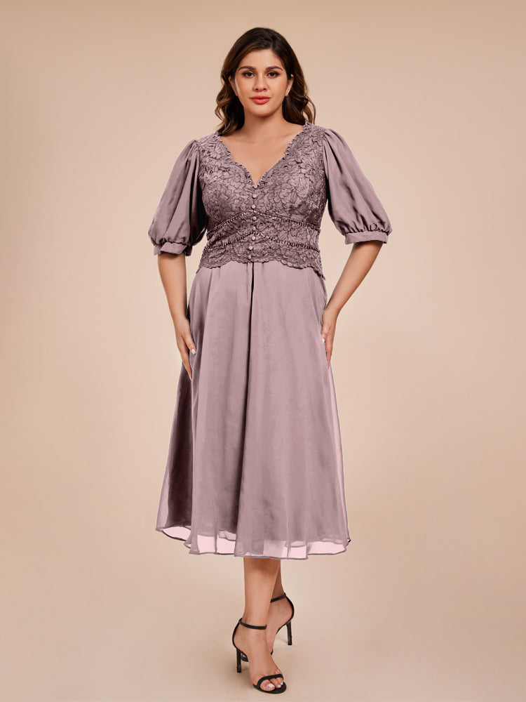 A Line Half Lantern Sleeves V-Neck Lace Top Chiffon Mother of the Bride Dress