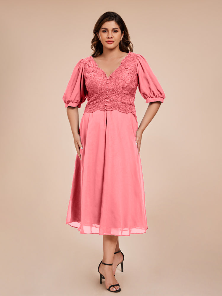 A Line Half Lantern Sleeves V-Neck Lace Top Chiffon Mother of the Bride Dress