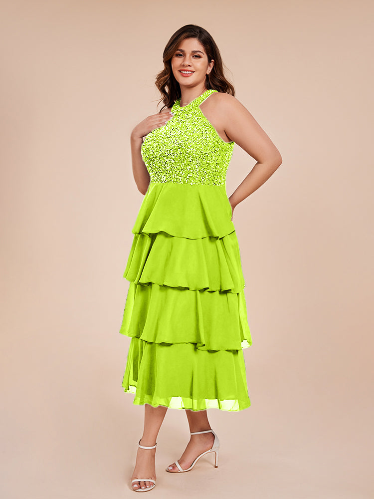 A Line Halter Delicate Beaded Top Layered Chiffon Mother of the  Groom Dress