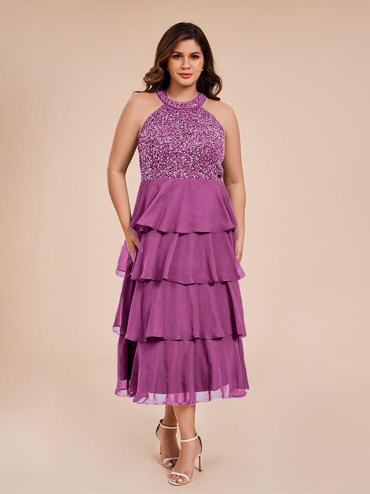 A Line Halter Delicate Beaded Top Layered Chiffon Mother of the Bride Dress