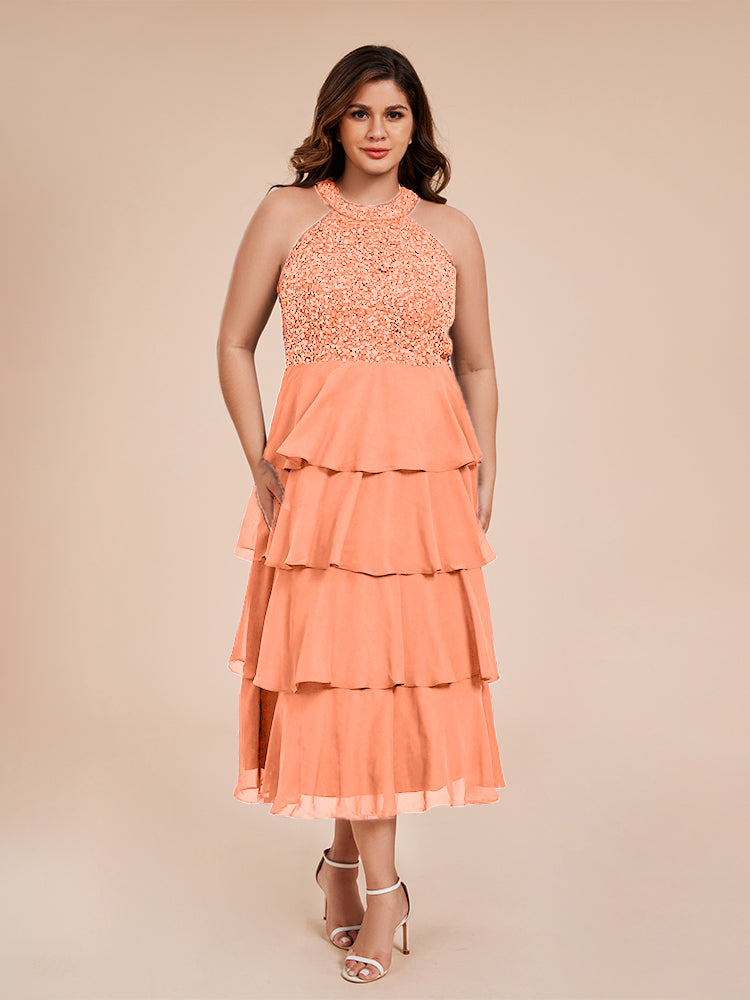 A Line Halter Delicate Beaded Top Layered Chiffon Mother of the Bride Dress