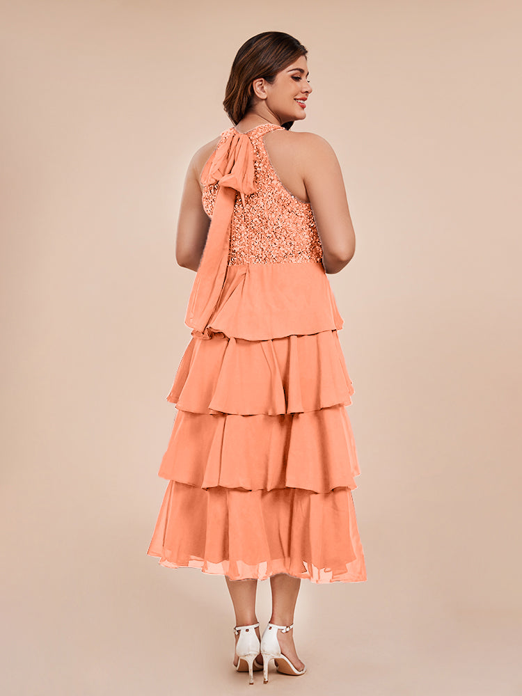 A Line Halter Delicate Beaded Top Layered Chiffon Mother of the  Groom Dress