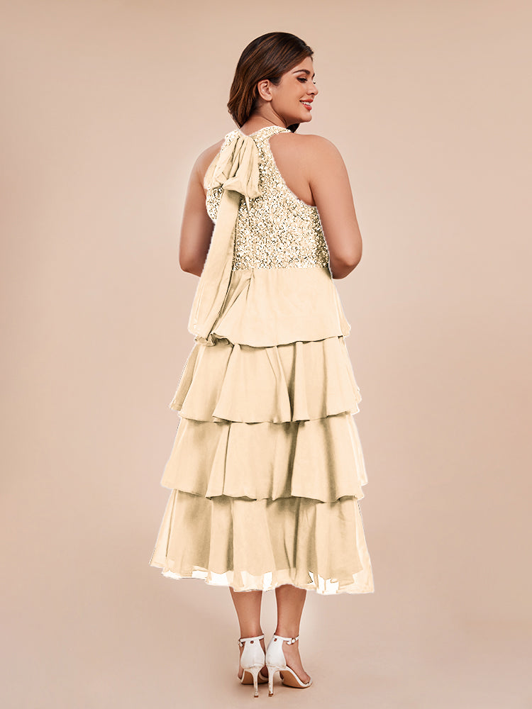 A Line Halter Delicate Beaded Top Layered Chiffon Mother of the  Groom Dress