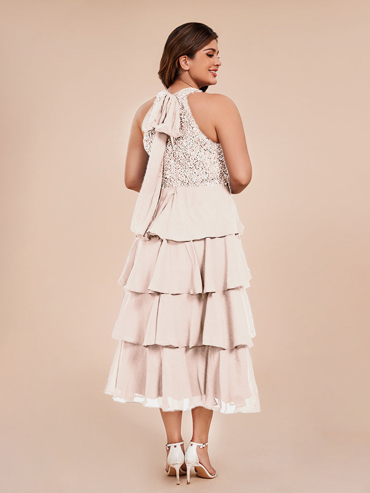 A Line Halter Delicate Beaded Top Layered Chiffon Mother of the  Groom Dress