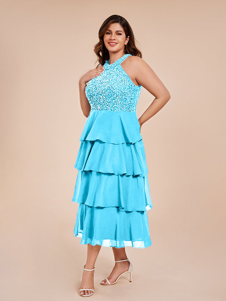 A Line Halter Delicate Beaded Top Layered Chiffon Mother of the  Groom Dress