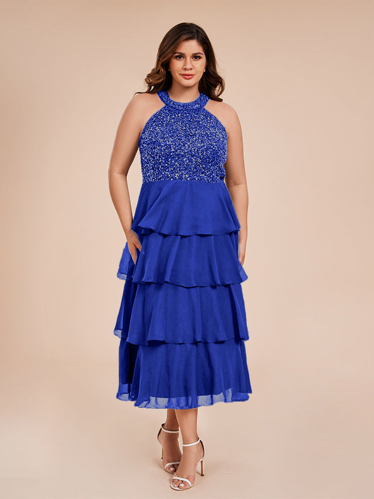 A Line Halter Delicate Beaded Top Layered Chiffon Mother of the  Groom Dress