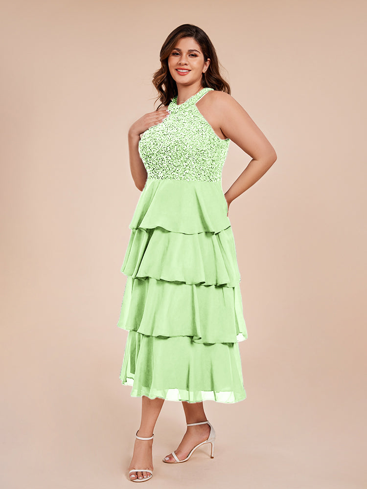 A Line Halter Delicate Beaded Top Layered Chiffon Mother of the  Groom Dress