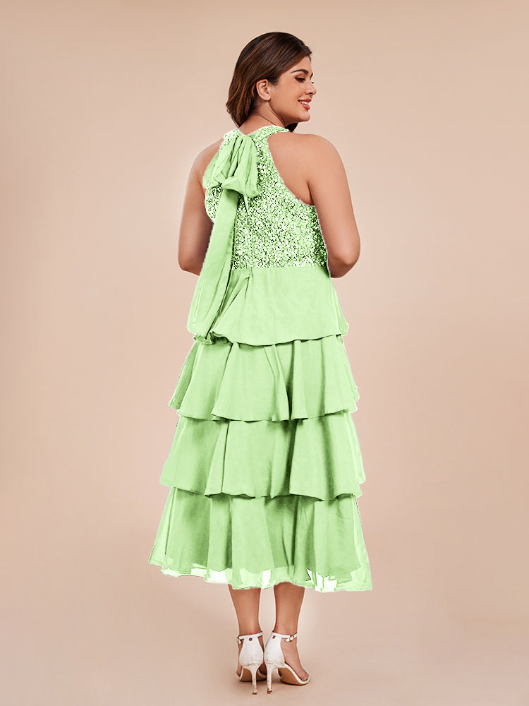 A Line Halter Delicate Beaded Top Layered Chiffon Mother of the  Groom Dress