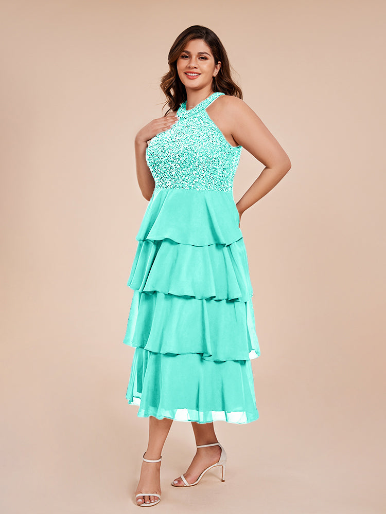 A Line Halter Delicate Beaded Top Layered Chiffon Mother of the  Groom Dress