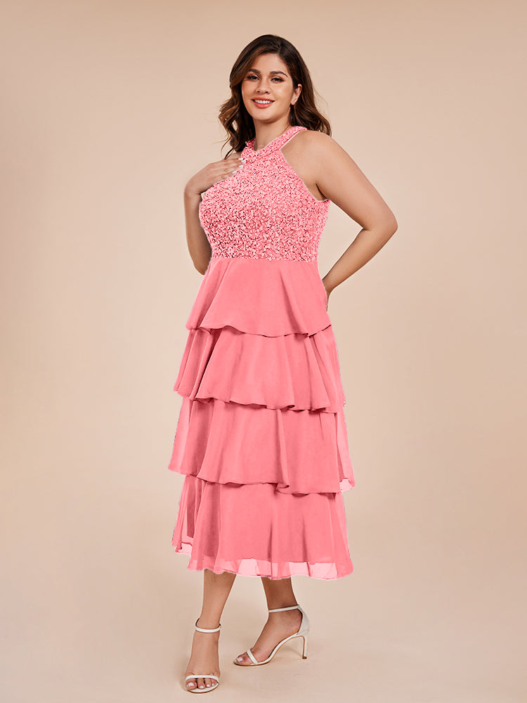 A Line Halter Delicate Beaded Top Layered Chiffon Mother of the  Groom Dress