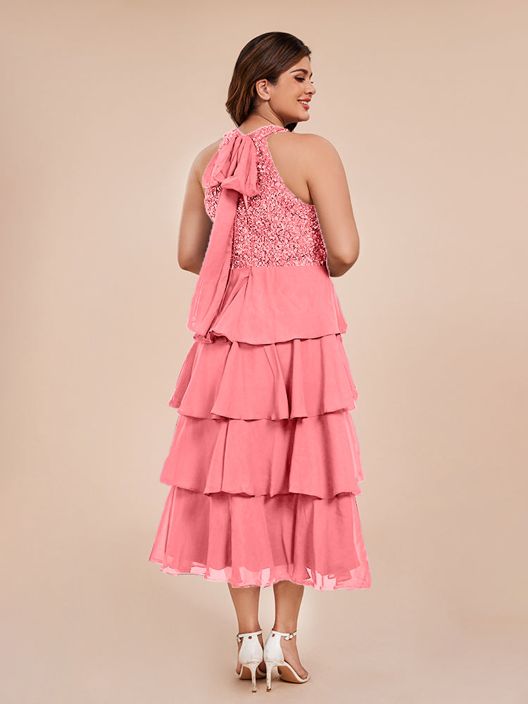 A Line Halter Delicate Beaded Top Layered Chiffon Mother of the  Groom Dress