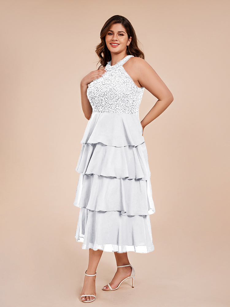 A Line Halter Delicate Beaded Top Layered Chiffon Mother of the  Groom Dress