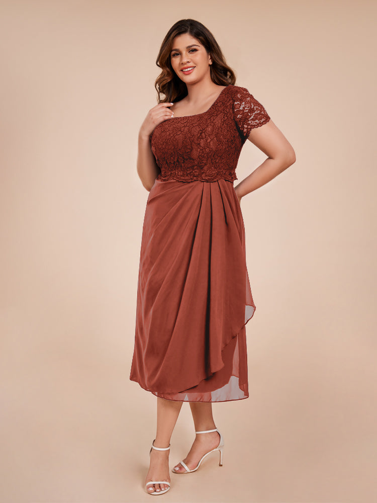 A Line Short Sleeves Lace Bodice Ruched Mother of the Bride Dress