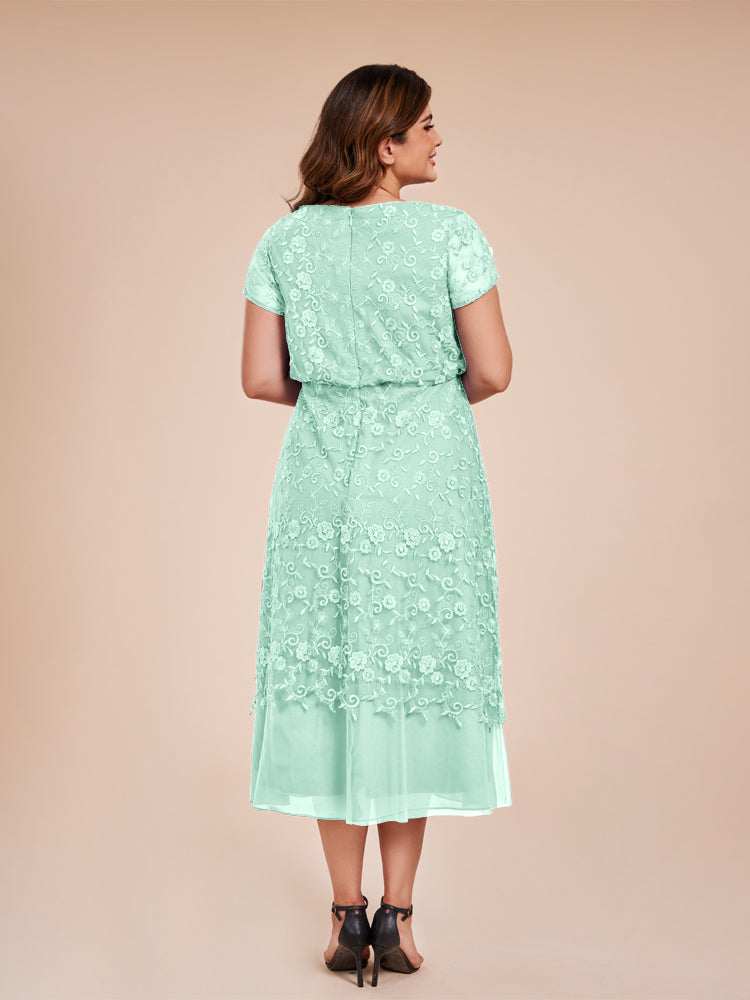 A Line Short Sleeves Tea Length Mother of the  Groom Dress