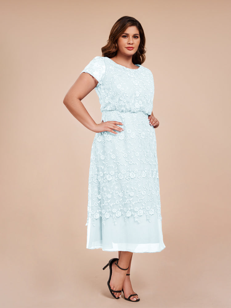 A Line Short Sleeves Tea Length Mother of the  Groom Dress