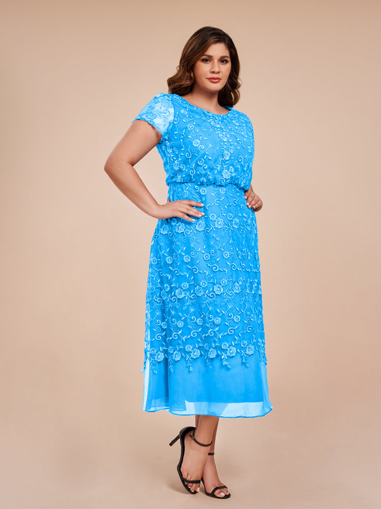 A Line Short Sleeves Tea Length Mother of the  Groom Dress