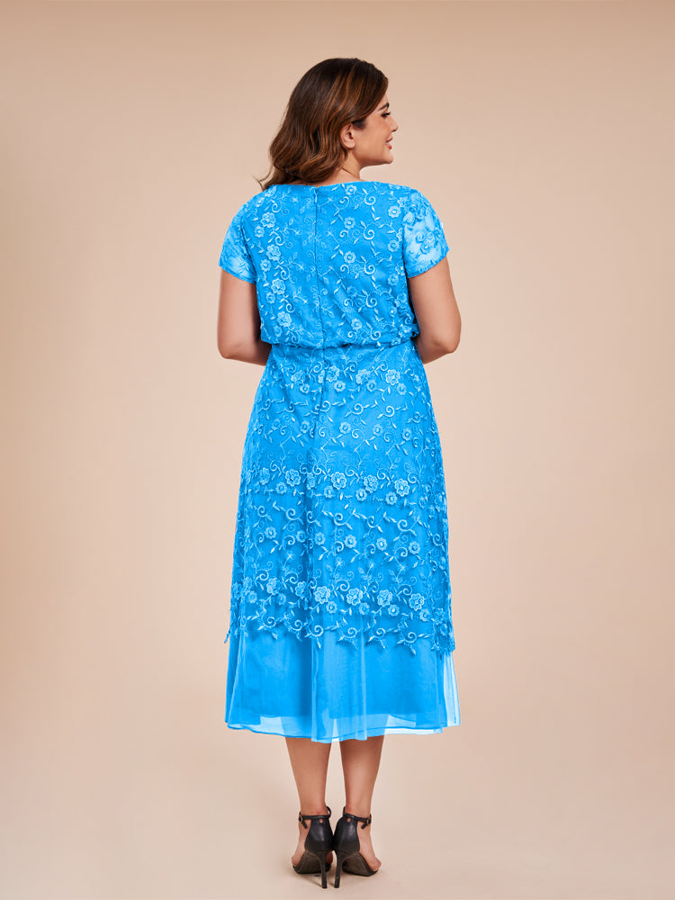 A Line Short Sleeves Tea Length Mother of the  Groom Dress