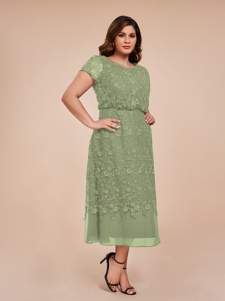 A Line Short Sleeves Tea Length Mother of the  Groom Dress