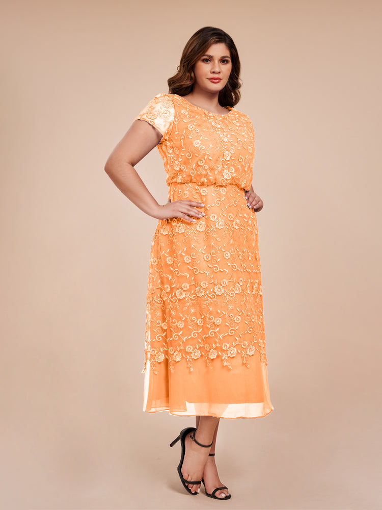 A Line Short Sleeves Tea Length Mother of the  Groom Dress