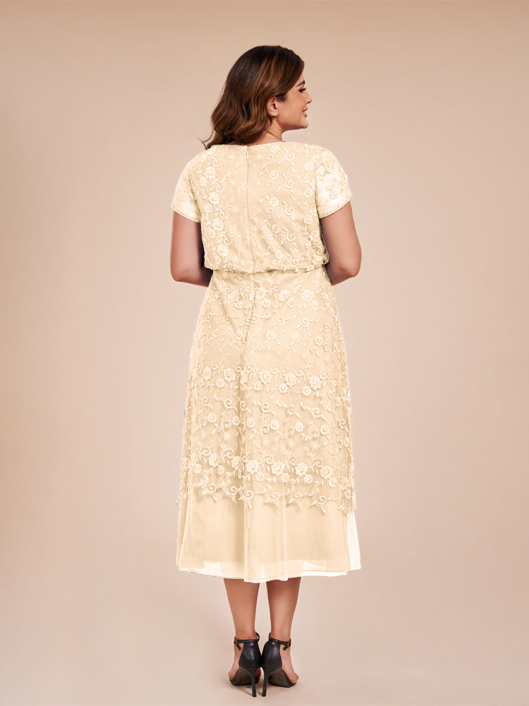 A Line Short Sleeves Tea Length Mother of the  Groom Dress