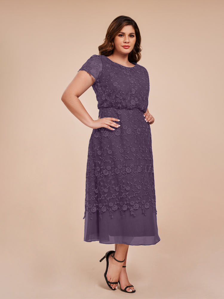 A Line Short Sleeves Tea Length Mother of the  Groom Dress