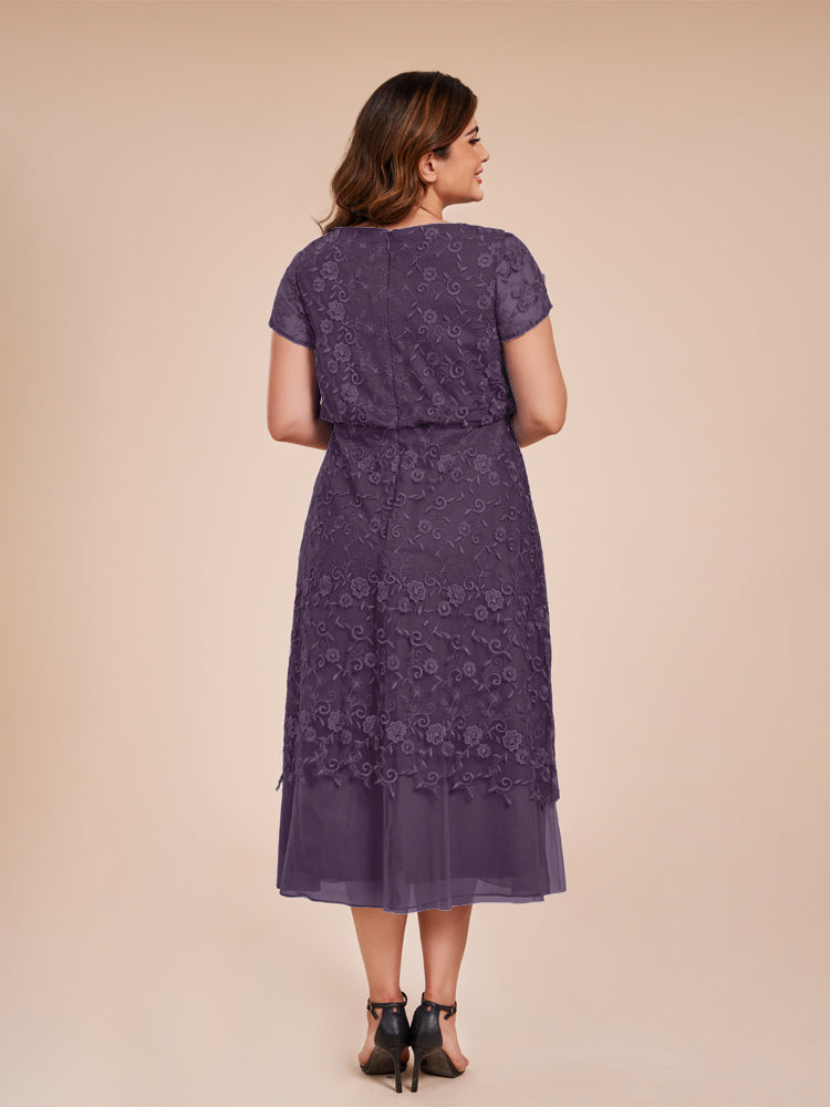 A Line Short Sleeves Tea Length Mother of the  Groom Dress