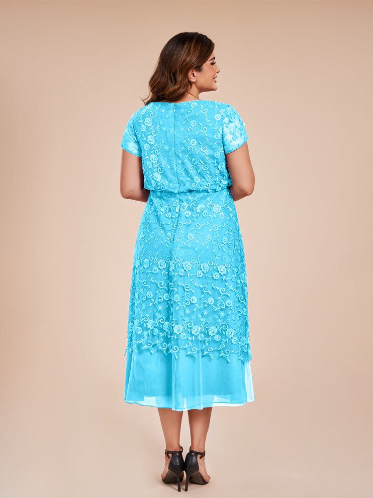 A Line Short Sleeves Tea Length Mother of the  Groom Dress