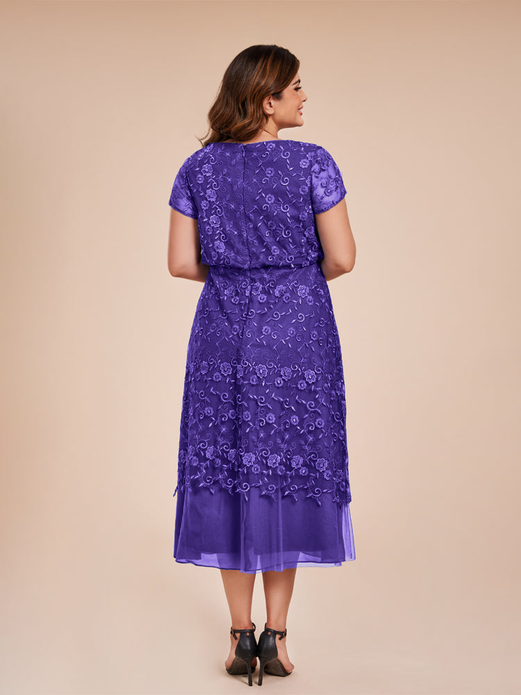 A Line Short Sleeves Tea Length Mother of the  Groom Dress